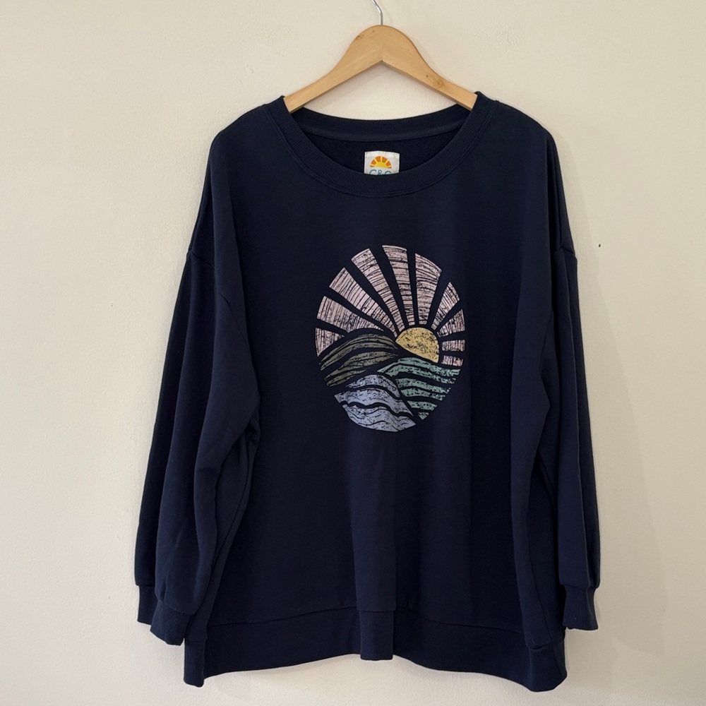 NEW Plus Size Crew Neck Sweatshirt Navy Graphic Sunset Beach Cozy Nautical 3X